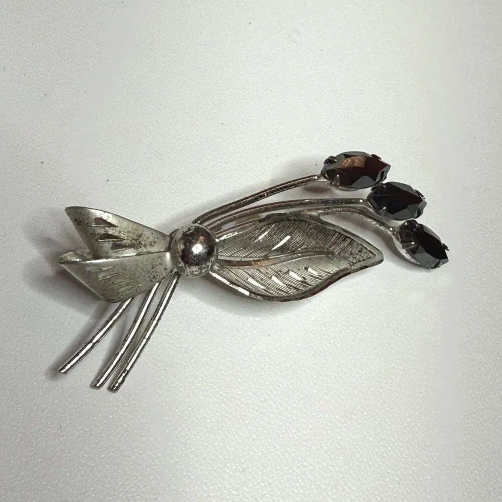 Vintage Sterling Silver Floral Spray Brooch Pin Hemotite Stone Buds Textured Lea